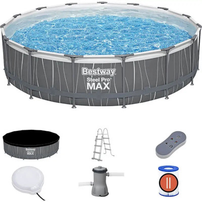 Bestway 561GD Steel Pro Max With Led Round Pool Set With Filter And Ladder - კარკასული აუზი კარტრიჯული ფილტრით, კიბით და განათებით